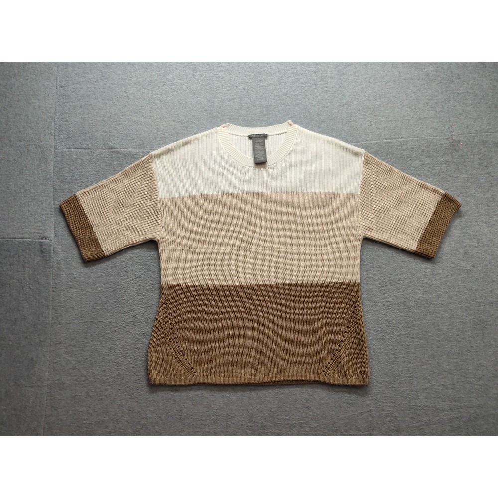 Matty M Women‎ Sweater M Beige Colorblock Cable Knit Short Sleeve Warm Pullover